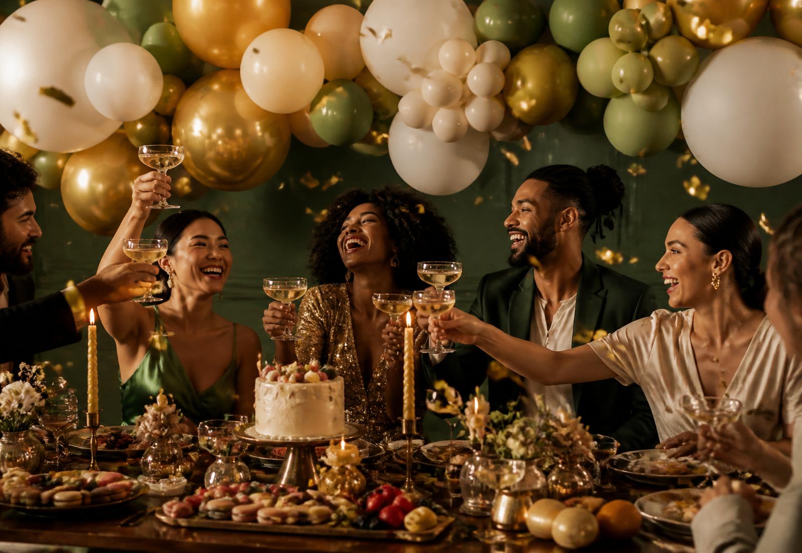 Guests toasting under an ivory, gold and sage balloon cloud at a candlelit celebration table with cake and desserts
